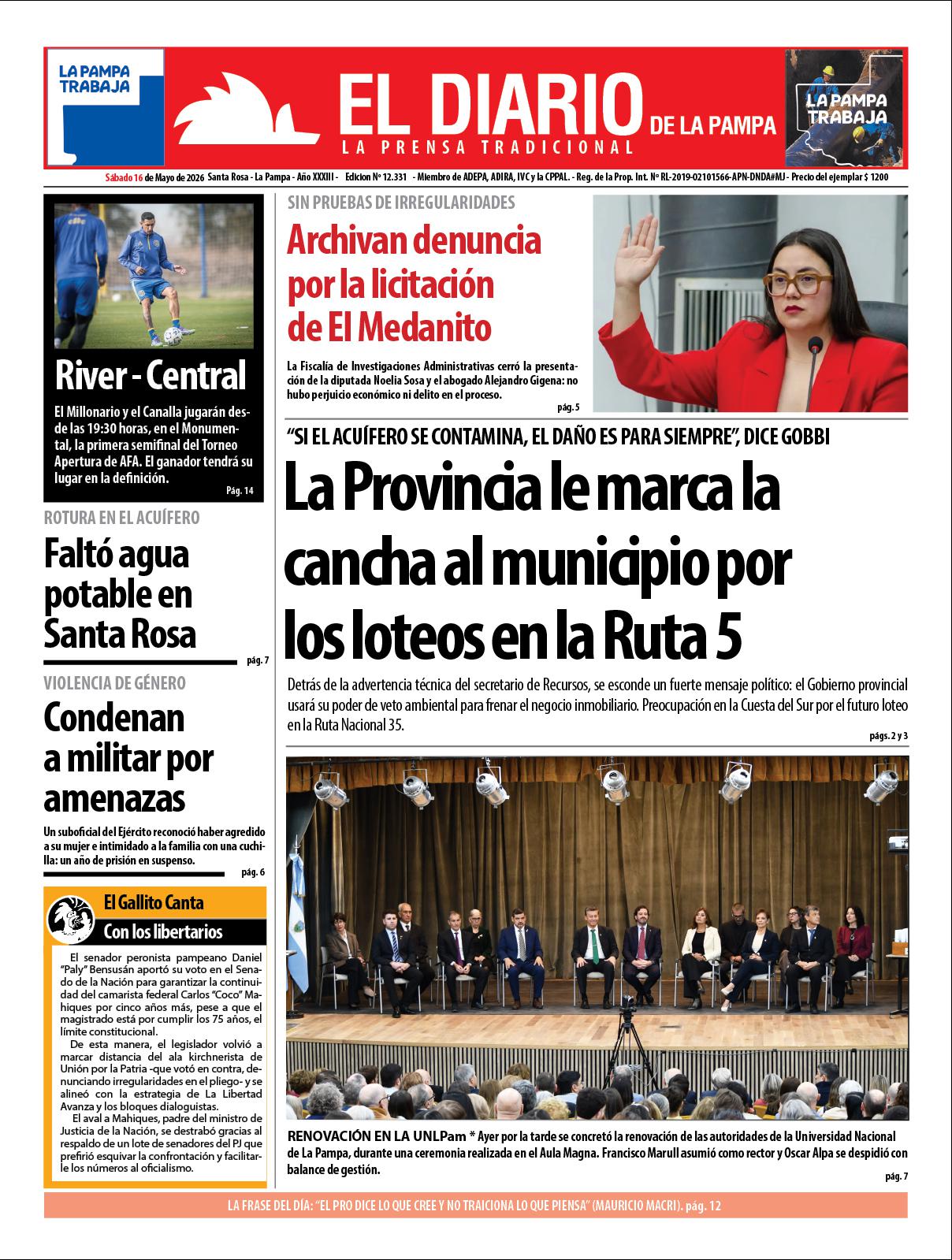 Tapa de El Diario en papel  saacutebado 16 de mayo de 2026